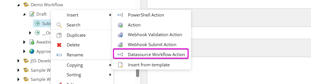 Right-click menu on a workflow state showing 'Datasource Workflow Action' as an insert option.