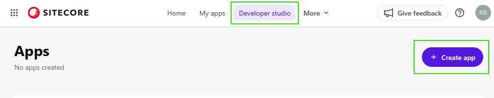 Sitecore top navigation bar, highlighting the Developer studio menu and the Create app button.