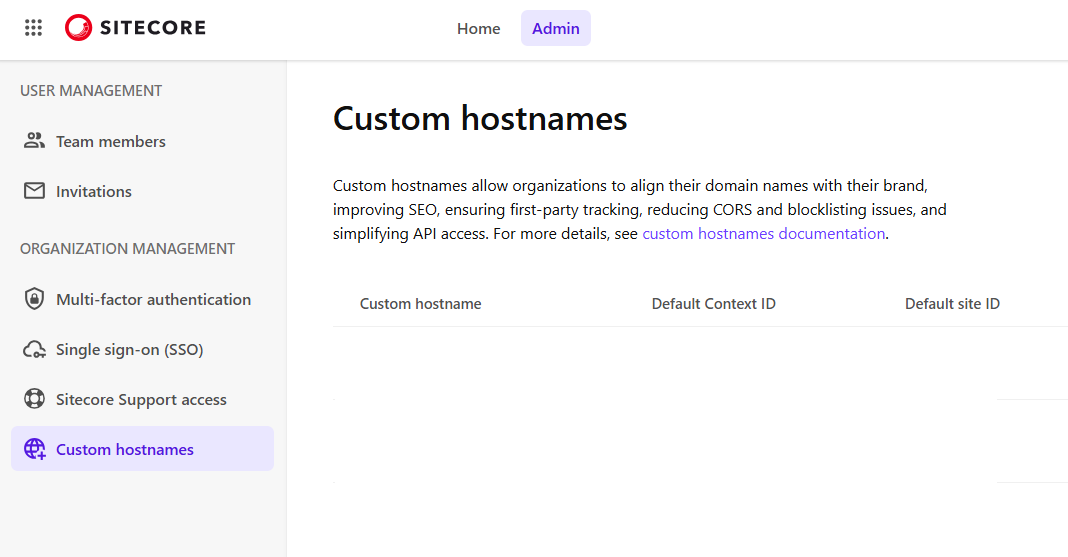 Sitecore XM Cloud admin panel showing the Custom Hostnames section.