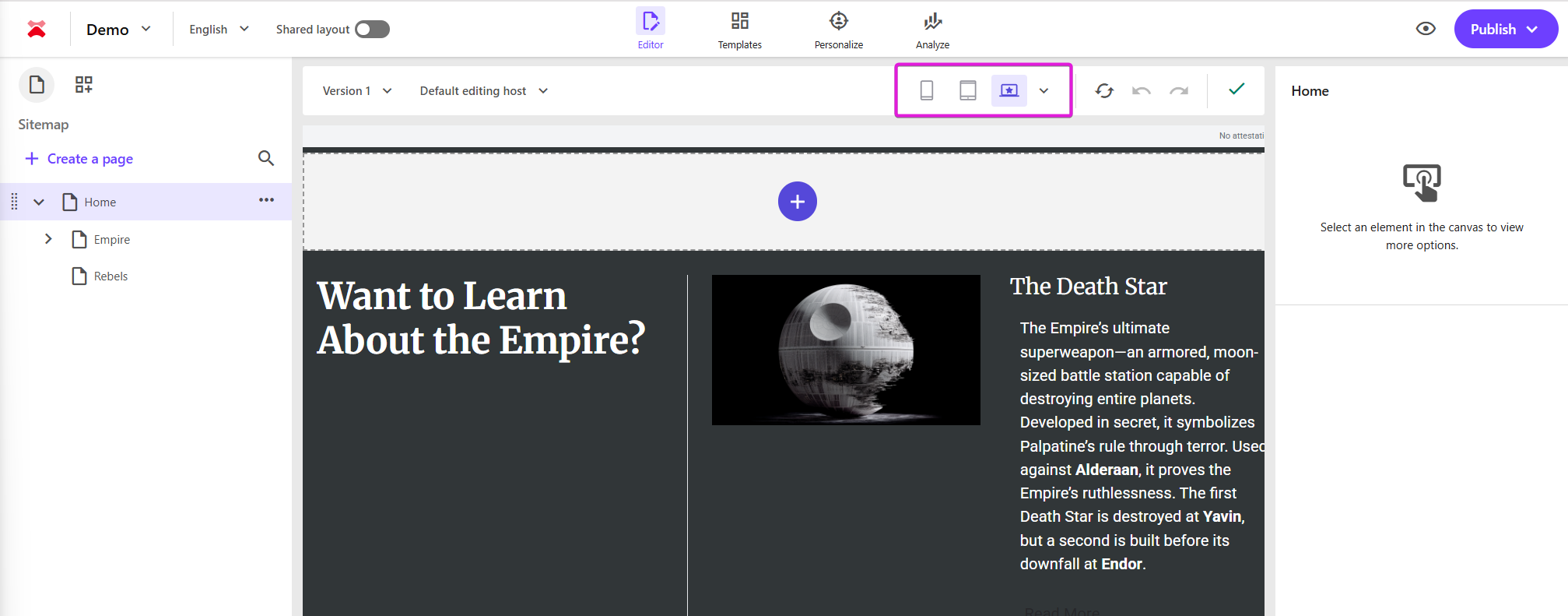 Sitecore XM Cloud Pages editor with Home page preview and layout view options selected