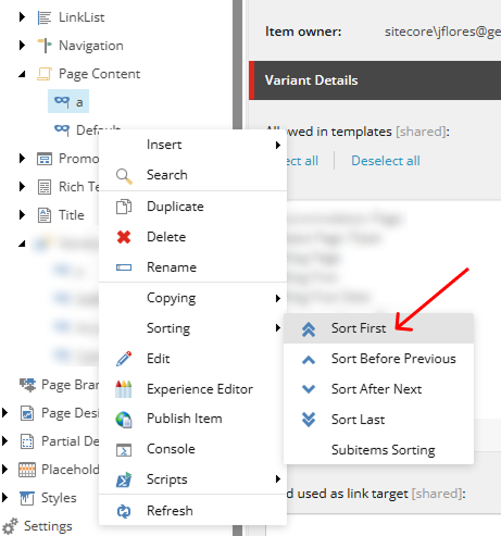 Sitecore content tree with right-click menu open, highlighting the 