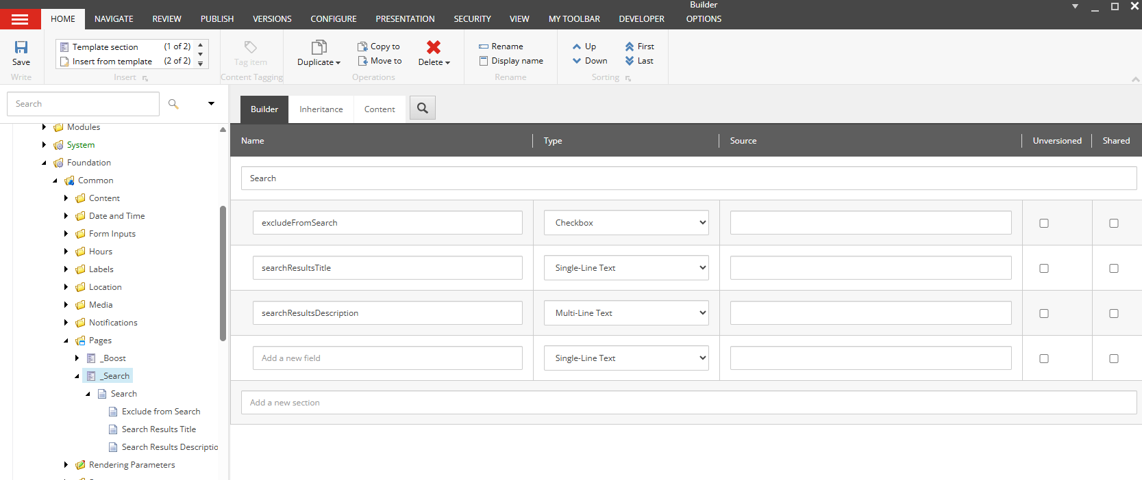 Sitecore template section showing a search-related data template with fields