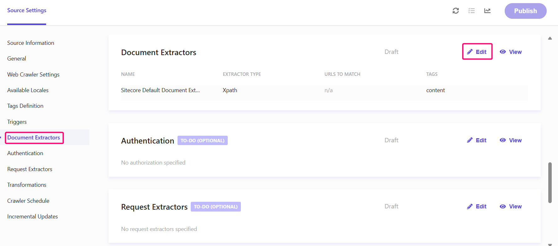 Document Extractors section in Sitecore Search showing an existing extractor with an Edit button.