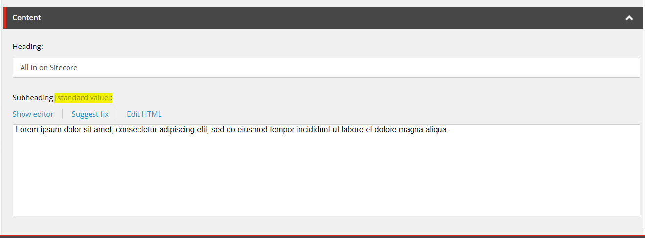 Sitecore content editor showing a subheading field displaying “[standard value]” placeholder text.