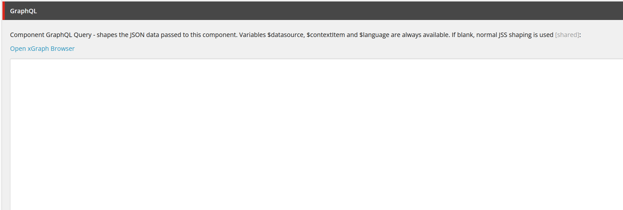 Sitecore Rendering details showing the empty GraphQL query field.