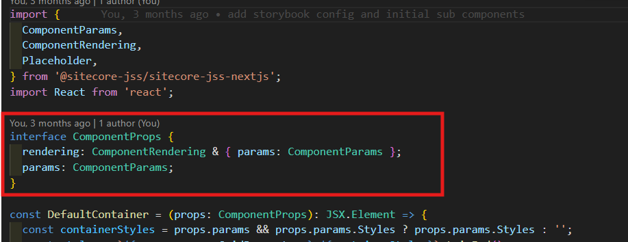 Code snippet defining a ComponentProps interface with rendering and params from Sitecore JSS