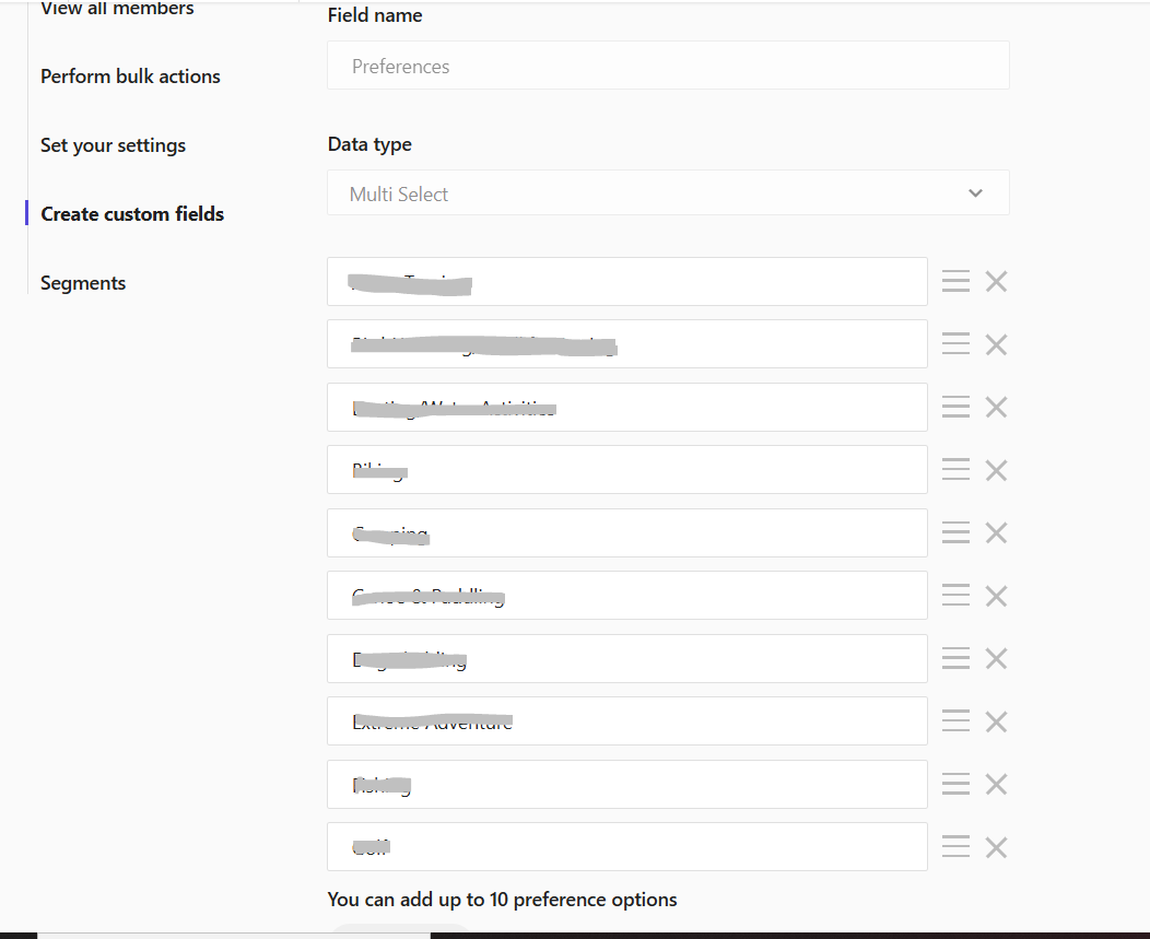 Custom field settings for newsletter preferences with a multi-select data type and a list