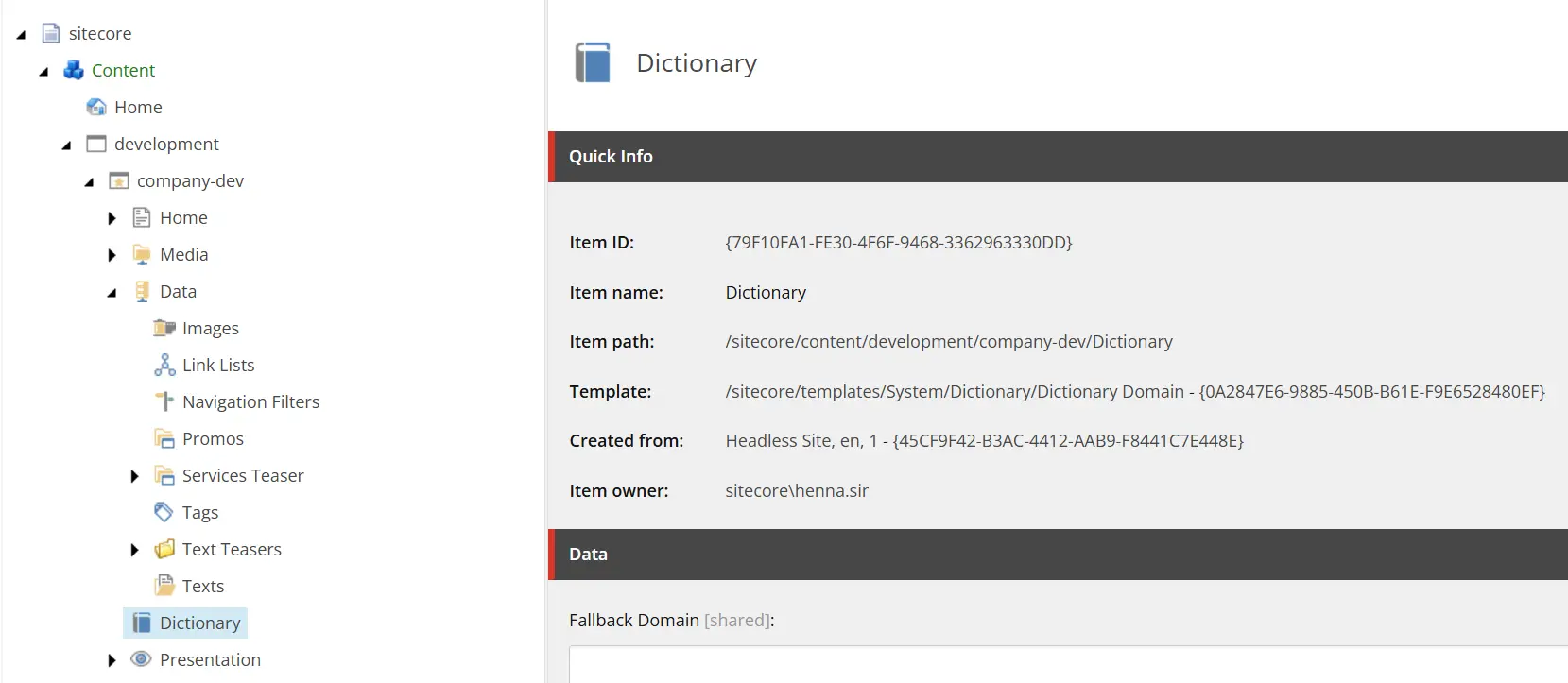 Sitecore content tree showing the Dictionary item selected under company-dev.