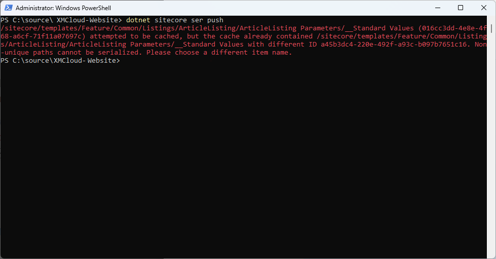  PowerShell error showing Sitecore serialization conflict due to duplicate Standard Values item paths with different IDs