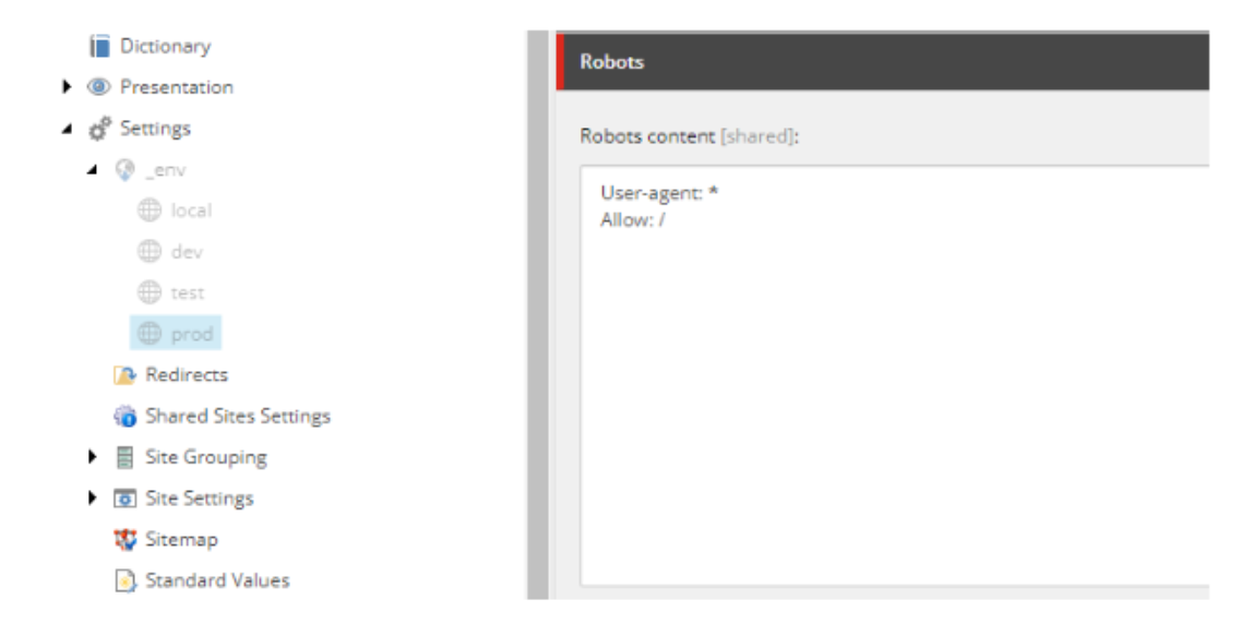 Sitecore Content Editor showing environment-specific robots.txt settings