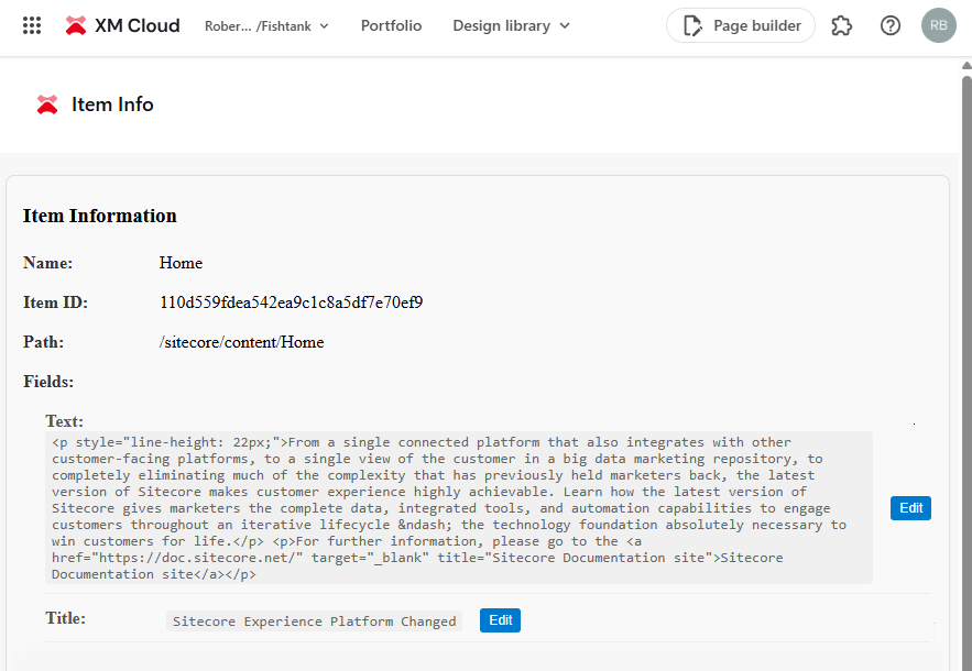 Item details and editable fields in Sitecore XM Cloud.