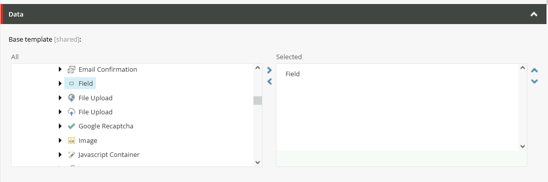 Sitecore form builder interface showing a selected custom field under base template options