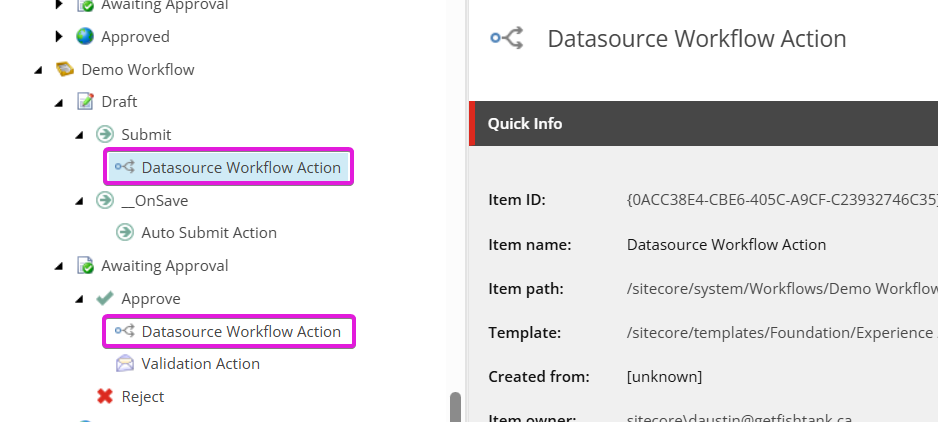 Demo Workflow showing Datasource Workflow Actions added under Submit and Approve states.