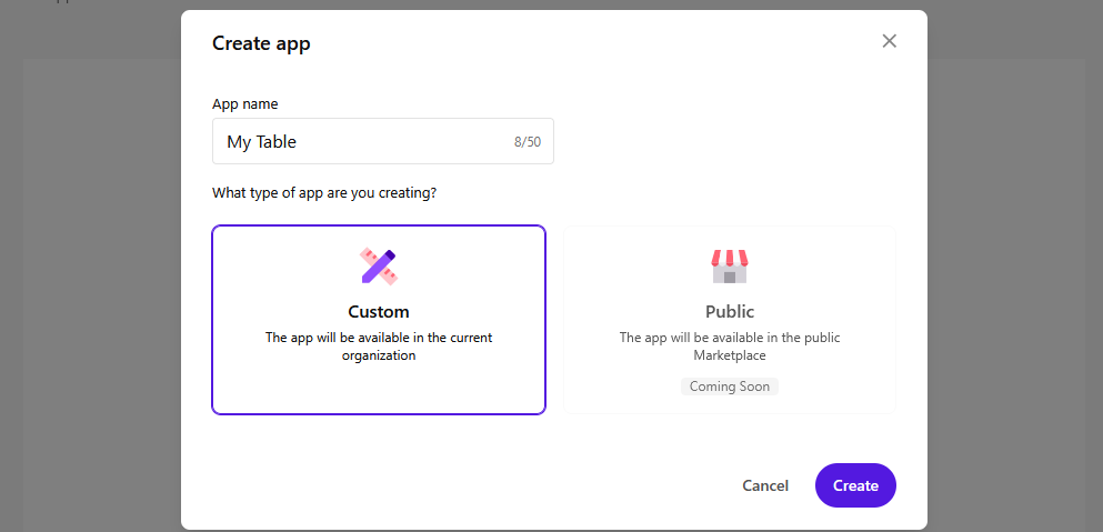 Dialog to create a new app, highlighting the Custom app type selection.