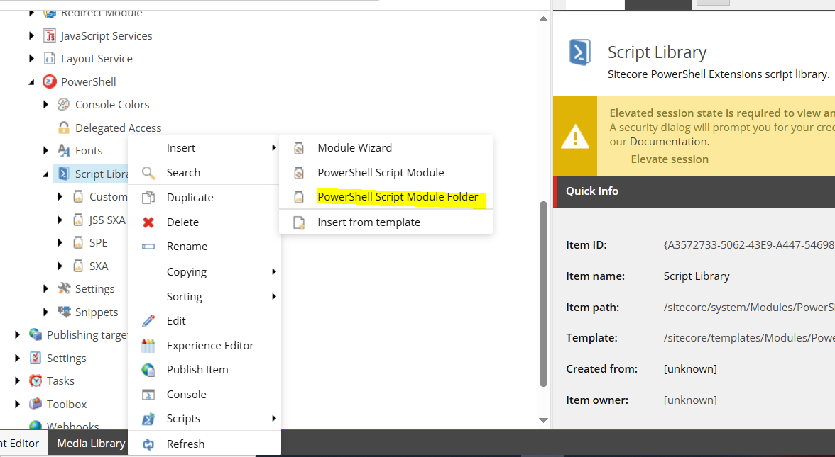 Right-click menu open on Script Library with 'PowerShell Script Module Folder' highlighted