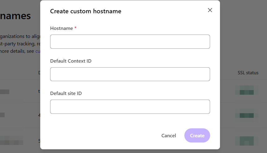 Form to create a custom hostname with fields for hostname, default context ID, and default site ID.
