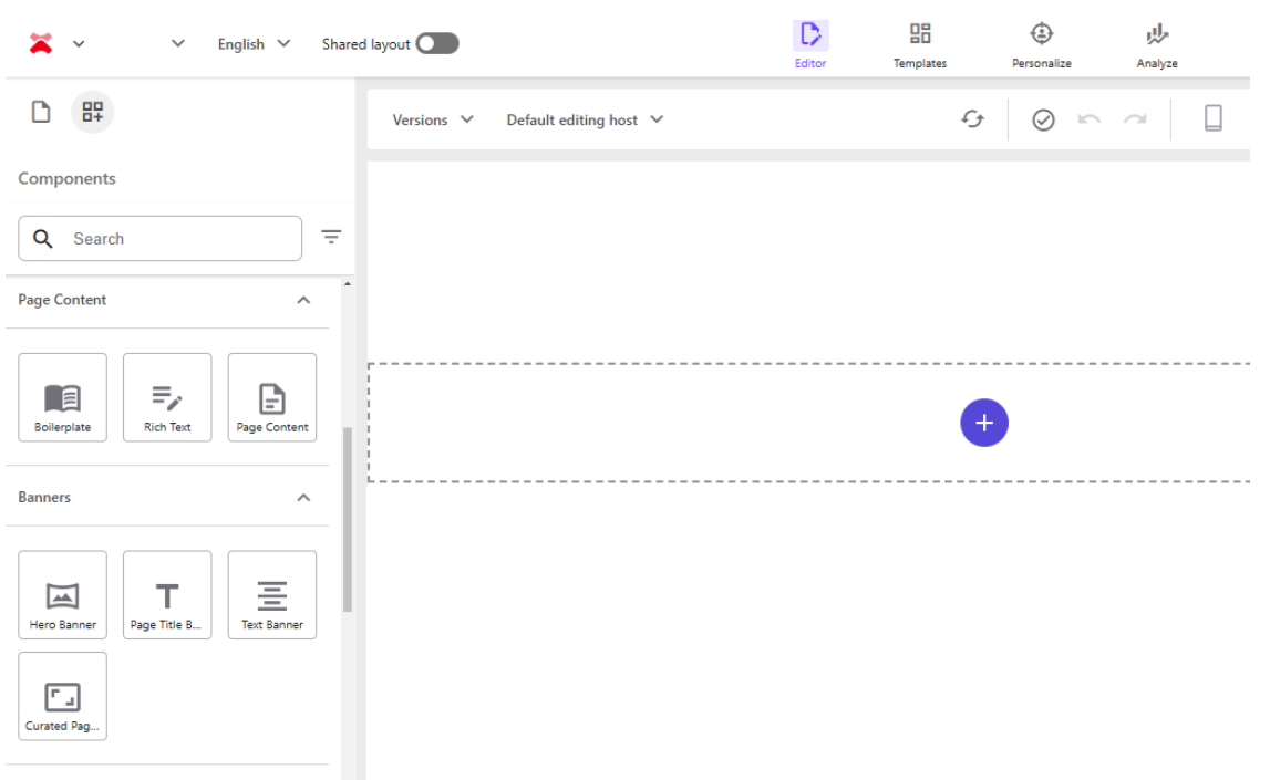 Sitecore Page Builder components and icons panel interface, showing a sidebar with component options and customizable settings