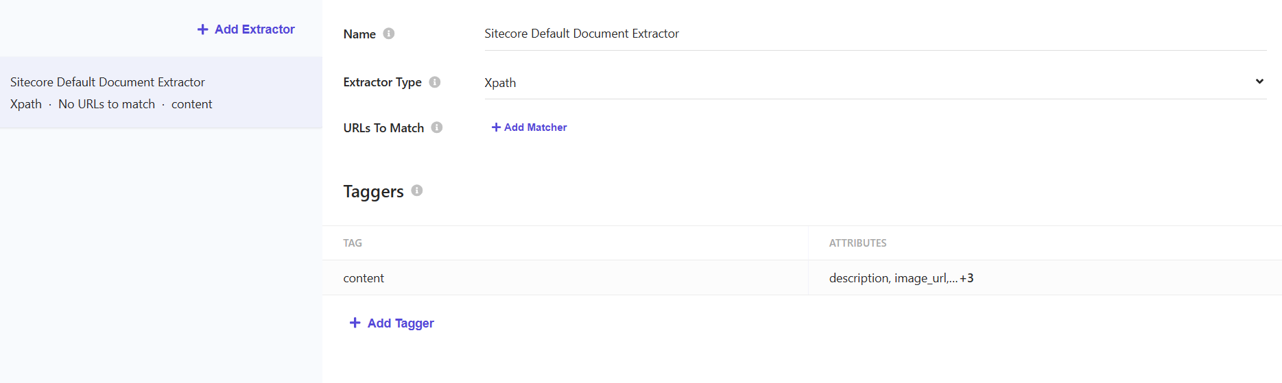 Sitecore Default Document Extractor configuration panel with tagger list and XPath extraction type.