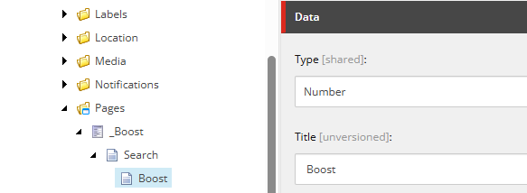 Sitecore content tree highlighting the Boost field configuration as Number type.