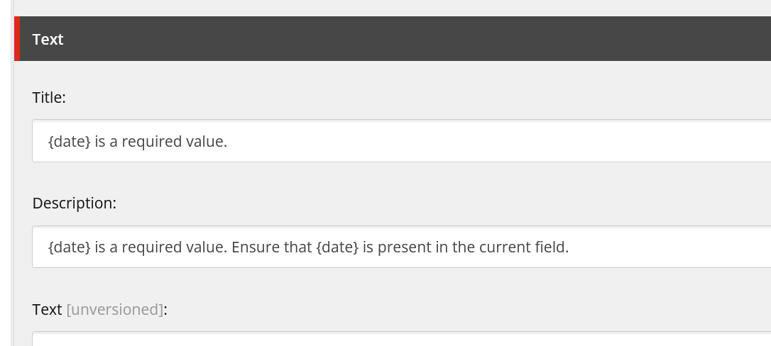 Sitecore content editor view showing text fields for a validation rule