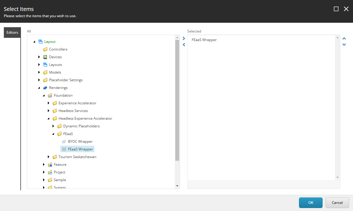 Sitecore dialog showing FEaaS Wrapper selected in the content tree