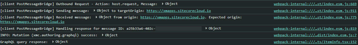 Console log showing successful GraphQL mutation in Sitecore XM Cloud.
