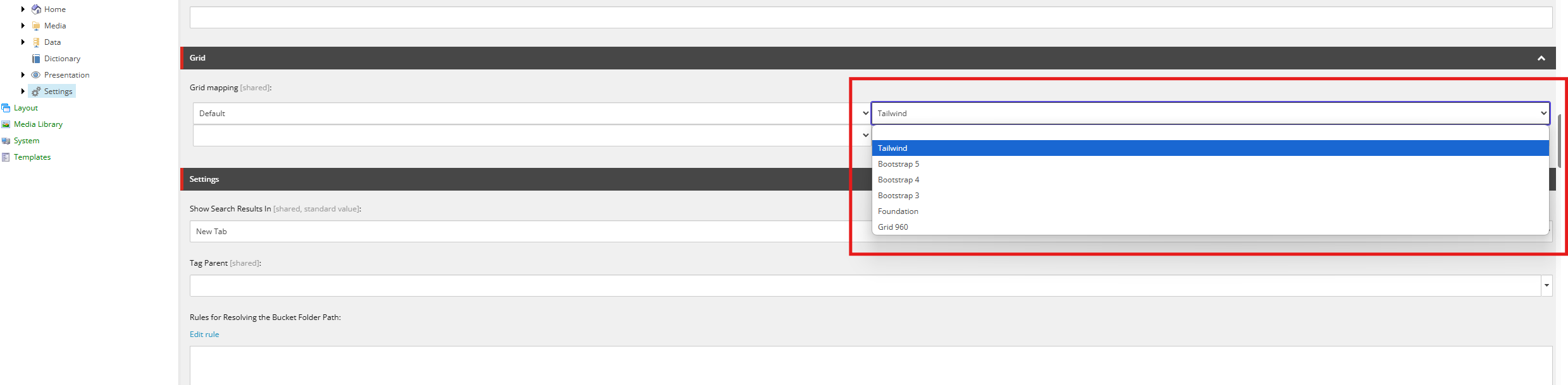 Sitecore settings interface showing Tailwind selected