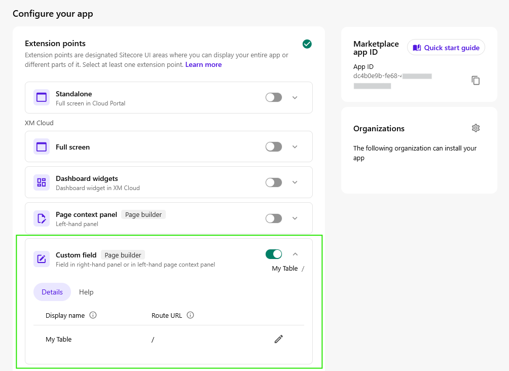 App configuration screen, highlighting the Custom field extension point with details for My Table.