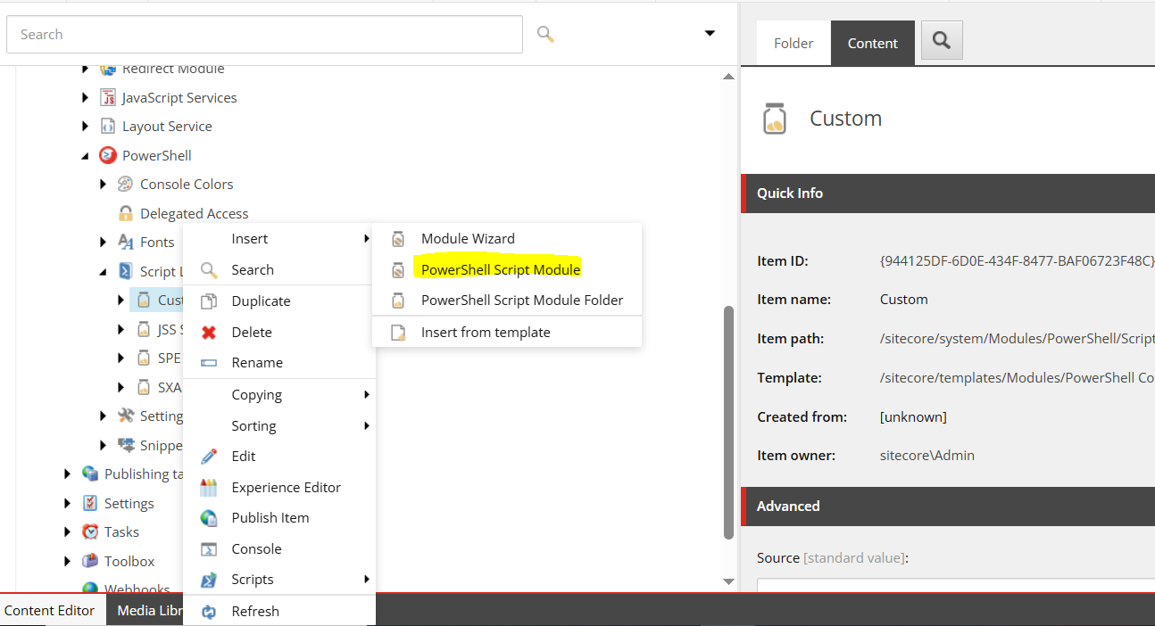 Right-click menu open on Custom folder with 'PowerShell Script Module' highlighted