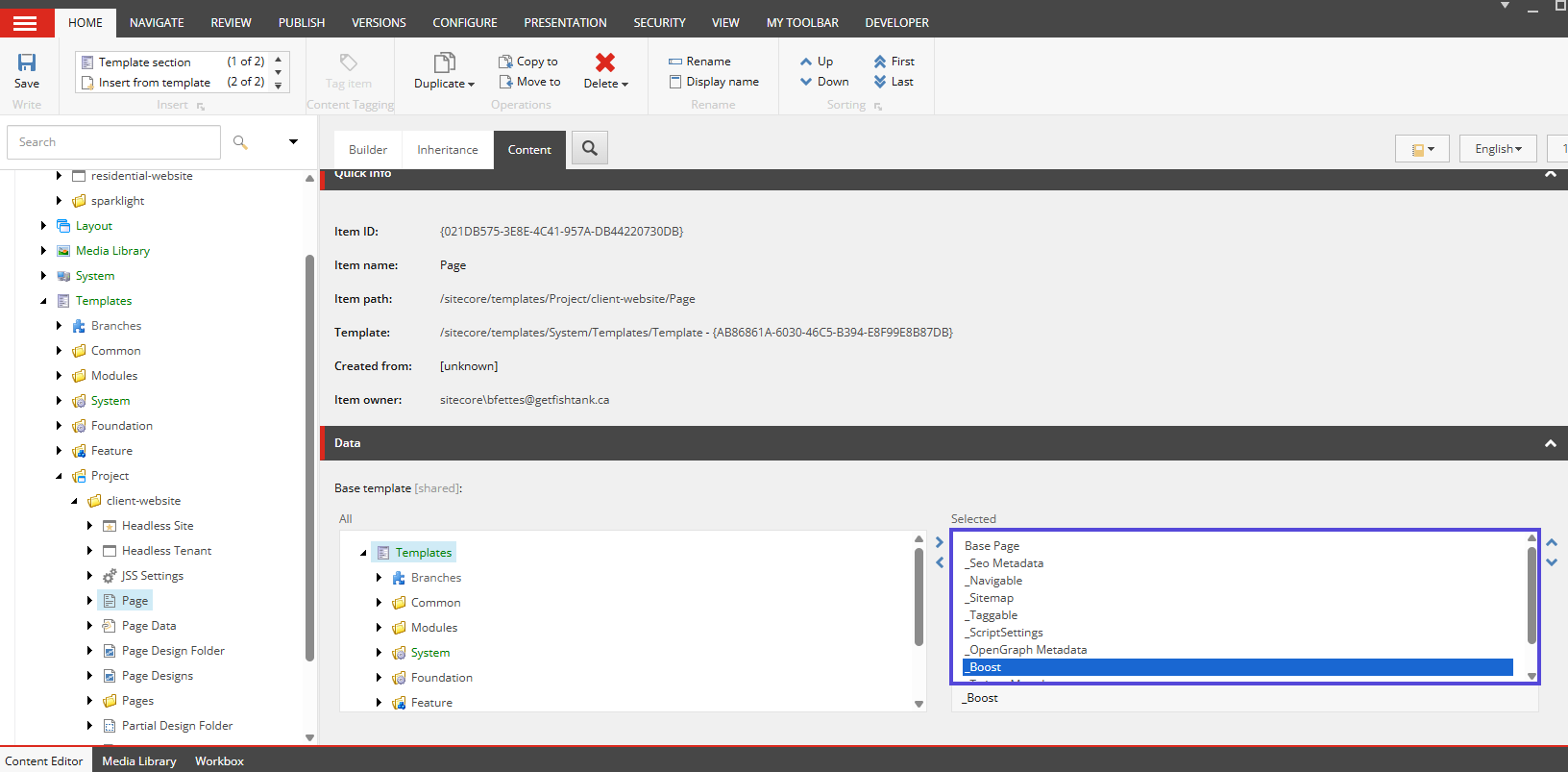 Base template configuration screen with _Boost selected in Sitecore template inheritance.

