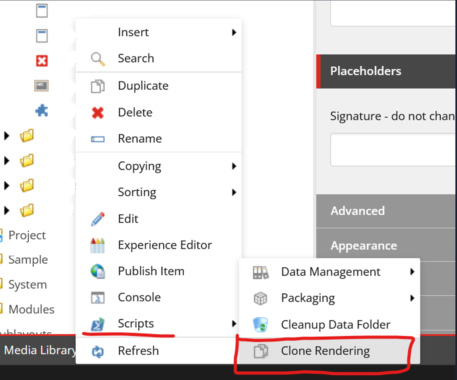Sitecore context menu highlighting the Clone Rendering option.