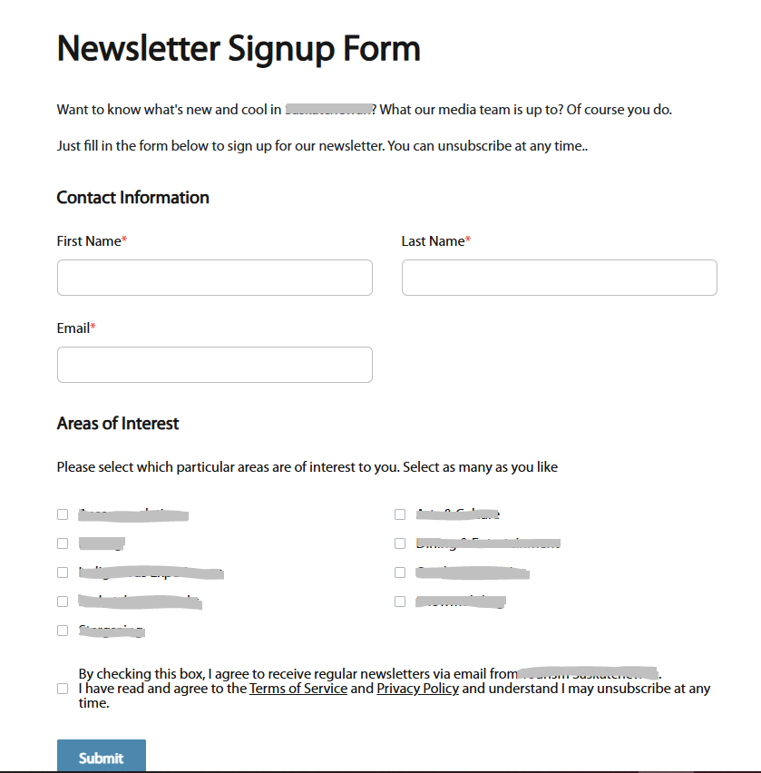 Newsletter signup form with fields for first name, last name, and email, along with multiple checkbox options