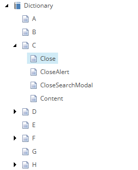 Expanded Dictionary structure showing alphabetized entries with 'Close' selected.