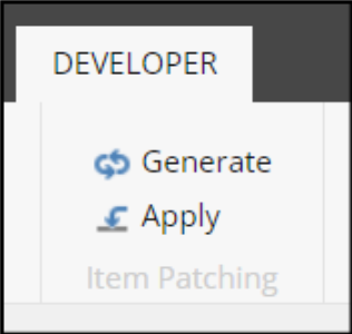 Sitecore Developer tab showing Item Patching options: Generate and Apply