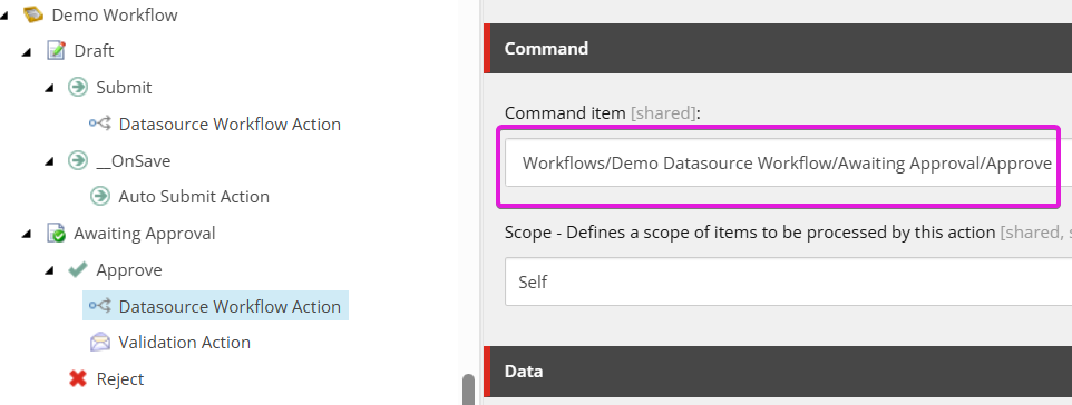 Command path set to Approve state in Datasource Workflow Action configuration.