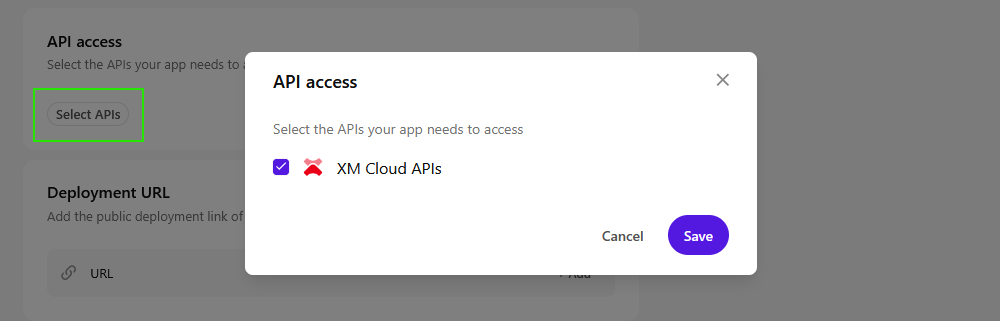Dialog to select APIs, highlighting the XM Cloud APIs checkbox.