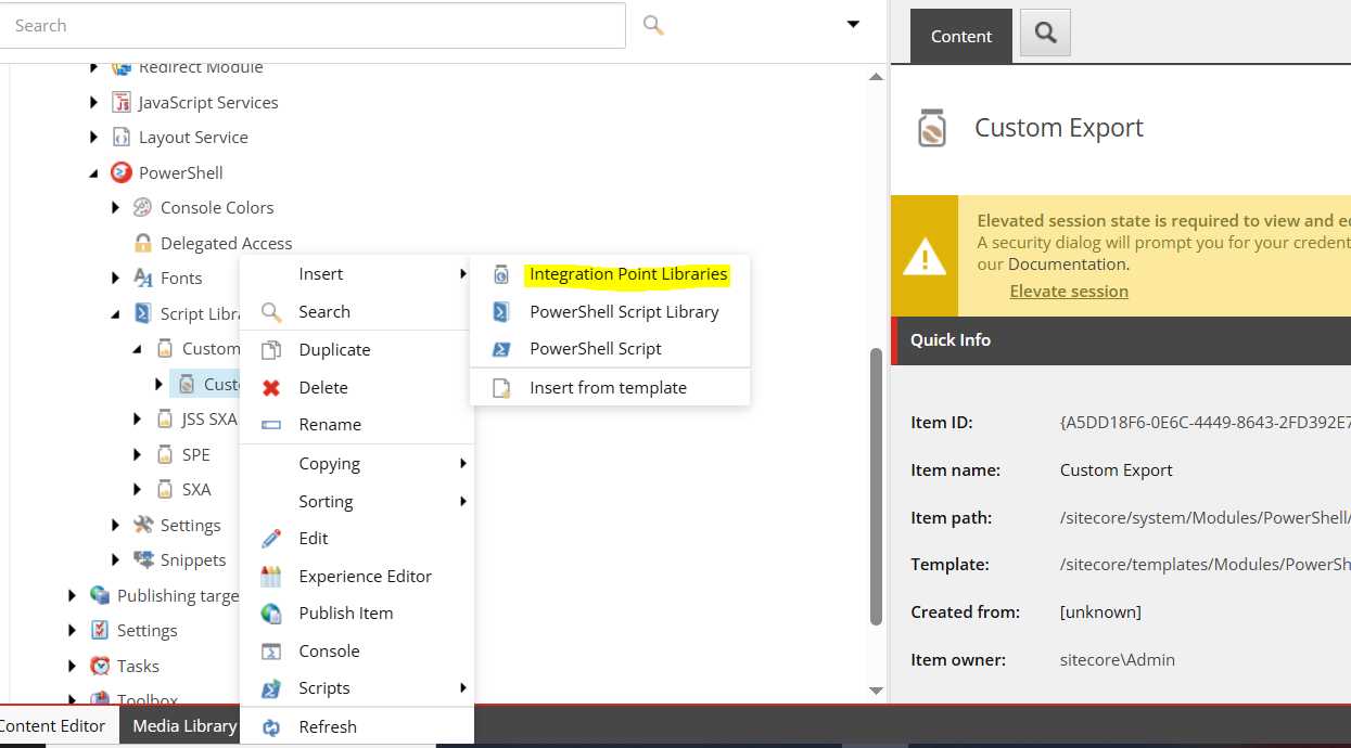 Right-click menu open on Custom Export folder with 'Integration Point Libraries' highlighted