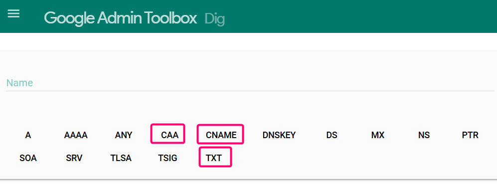 Google Admin Toolbox DNS query interface highlighting TXT and CNAME record types.