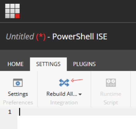 Sitecore PowerShell ISE with 'Rebuild All' option highlighted under the Settings tab.
