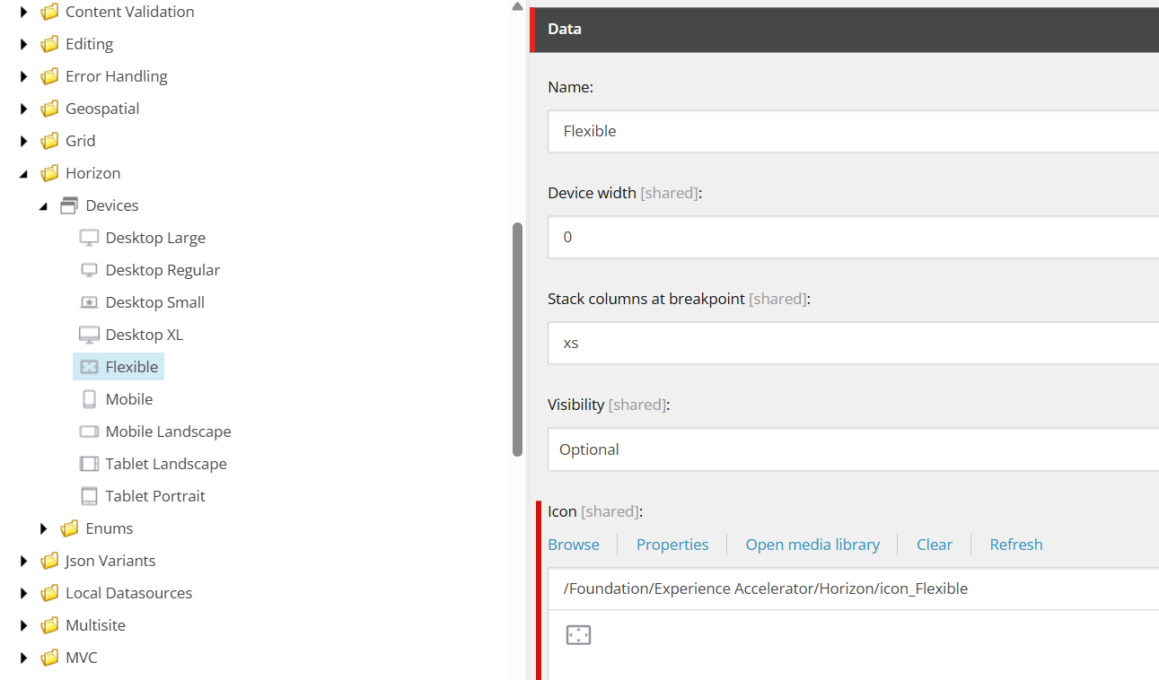 Sitecore Content Editor showing 'Flexible' device layout settings with device width set to 0 and optional visibility