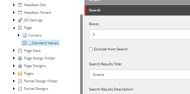 Standard values in Sitecore showing Boost field with default value of 0.