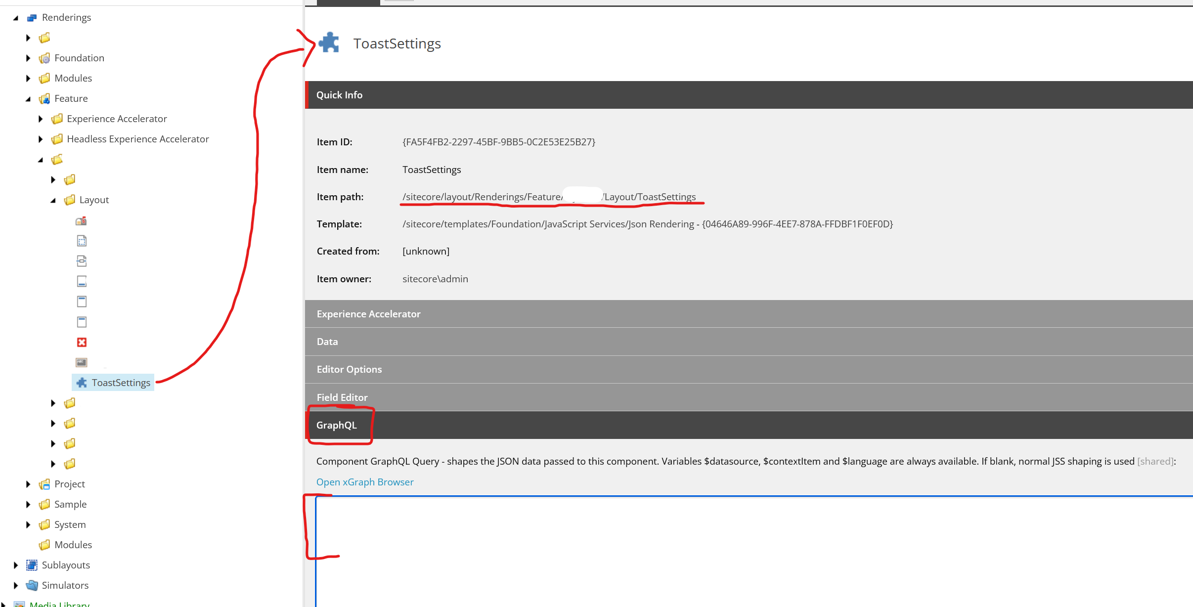 Sitecore ToastSettings rendering item, highlighting its path and the empty GraphQL field.