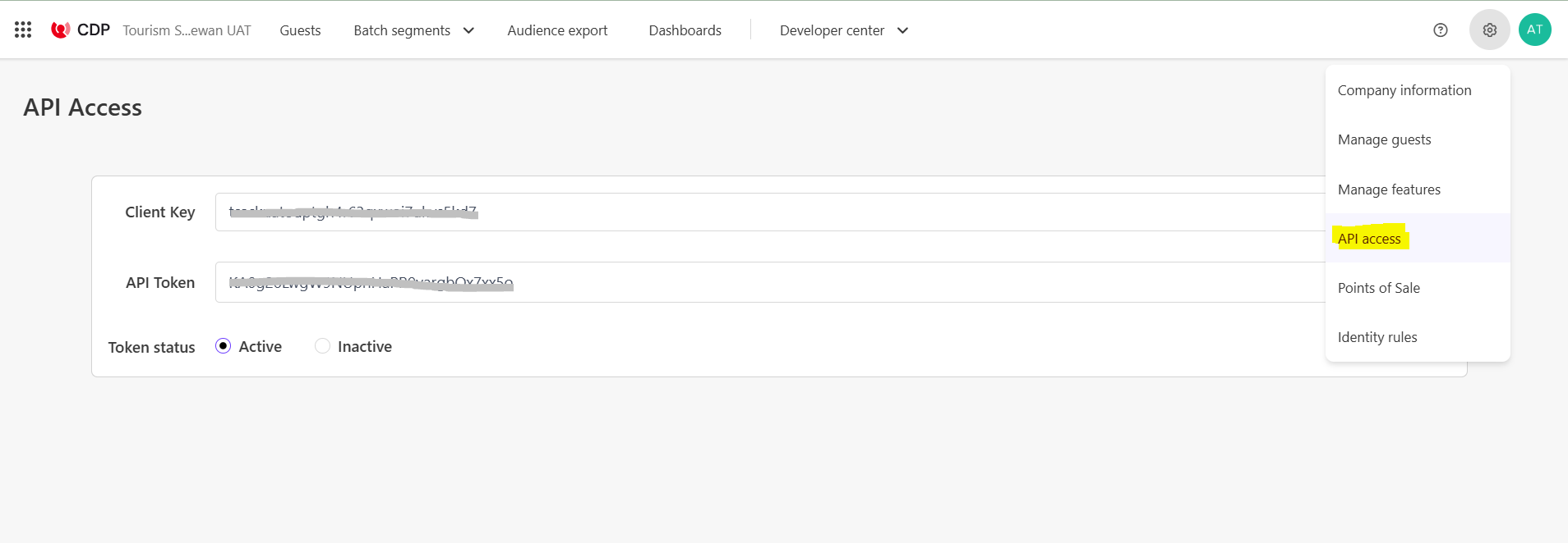 API Access settings screen in Sitecore CDP