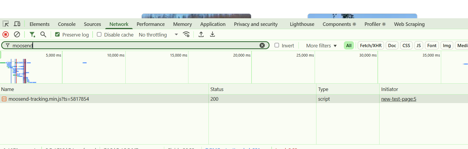 Browser DevTools Network tab showing successful load of moosend-tracking.min.js script