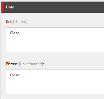 Dictionary entry showing the key and phrase both set to ‘Close’.