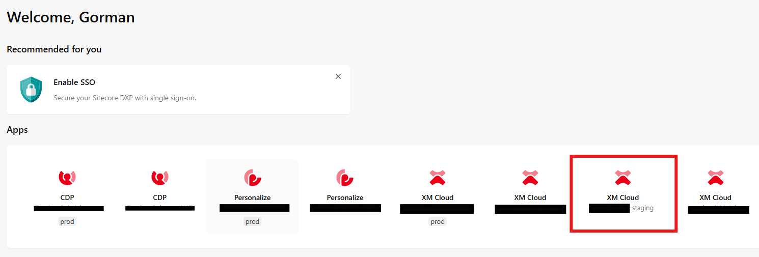 Sitecore Cloud Portal dashboard showing multiple environments with one XM Cloud instance highlighted as staging
