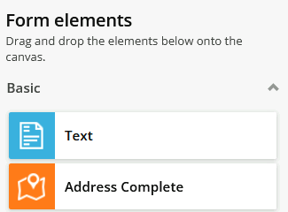 Form builder UI showing draggable Text and Address Complete elements under Basic form elements