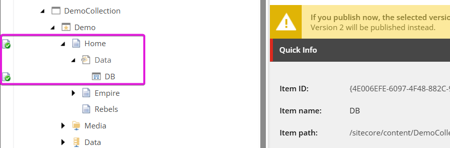 Sitecore content tree showing Home item with nested Data and DB items under DemoCollection.
