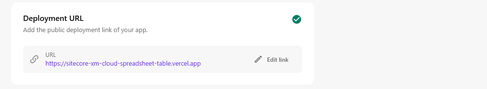 App configuration, showing the Deployment URL for the app.