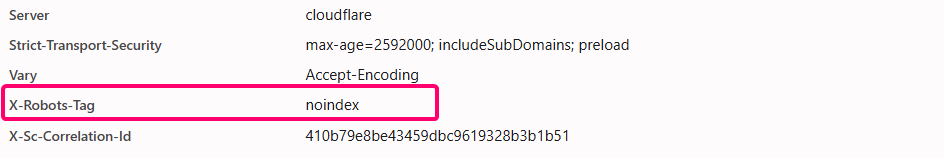 HTTP response headers showing 'X-Robots-Tag: noindex' directive.